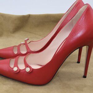 Gucci Italy Aneta Red Kid Leather Heels Pumps 38.5 M 8 M Logo Mary Jane *READ*